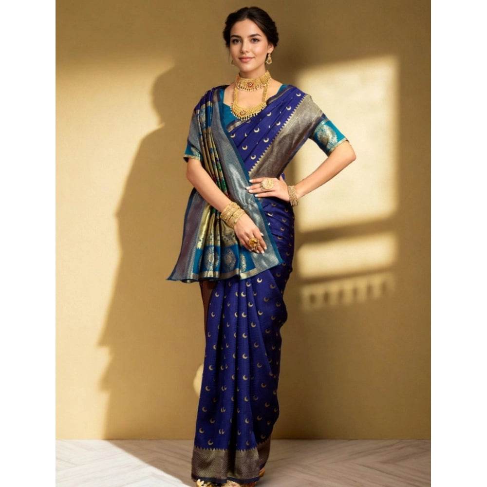 Generic Women's Silk Blend Zari Woven Saree With Unstitched Blouse 5.5Mtr (Navy) - MYLUXURY LANE ENTERPRISE